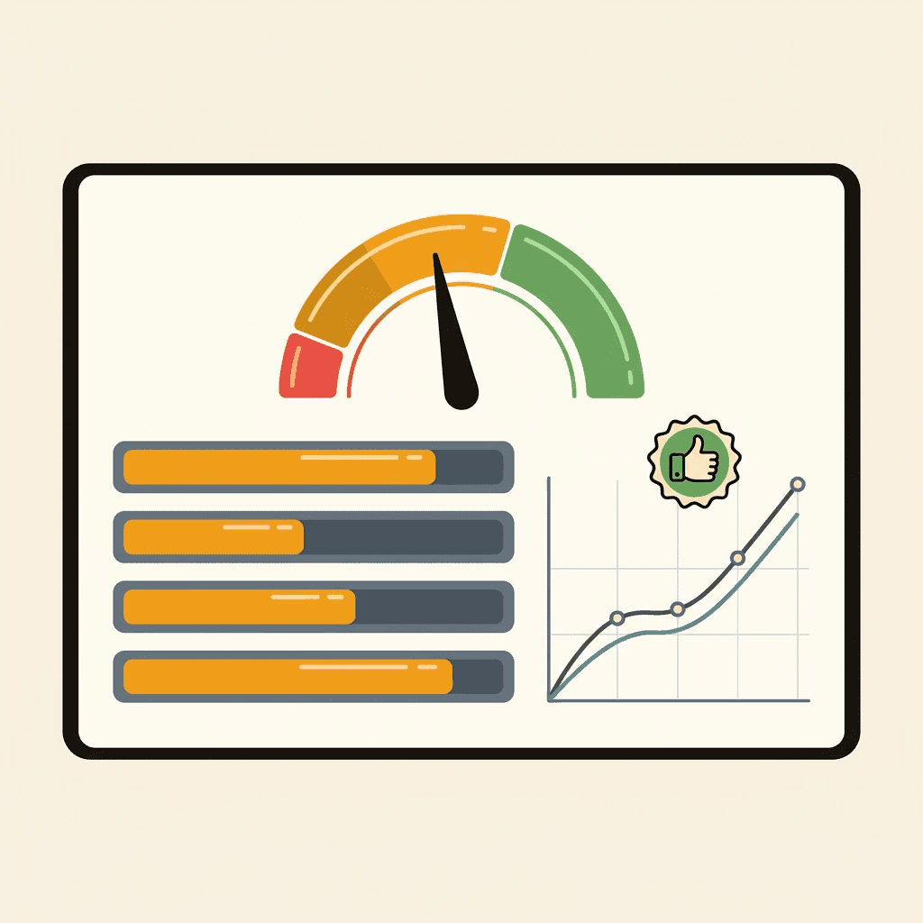 A scorecard dashboard with a gauge and criteria bars